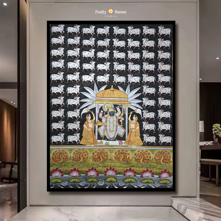 hand-painted pichwai painting -Shrinathji with Cows and Gopikas