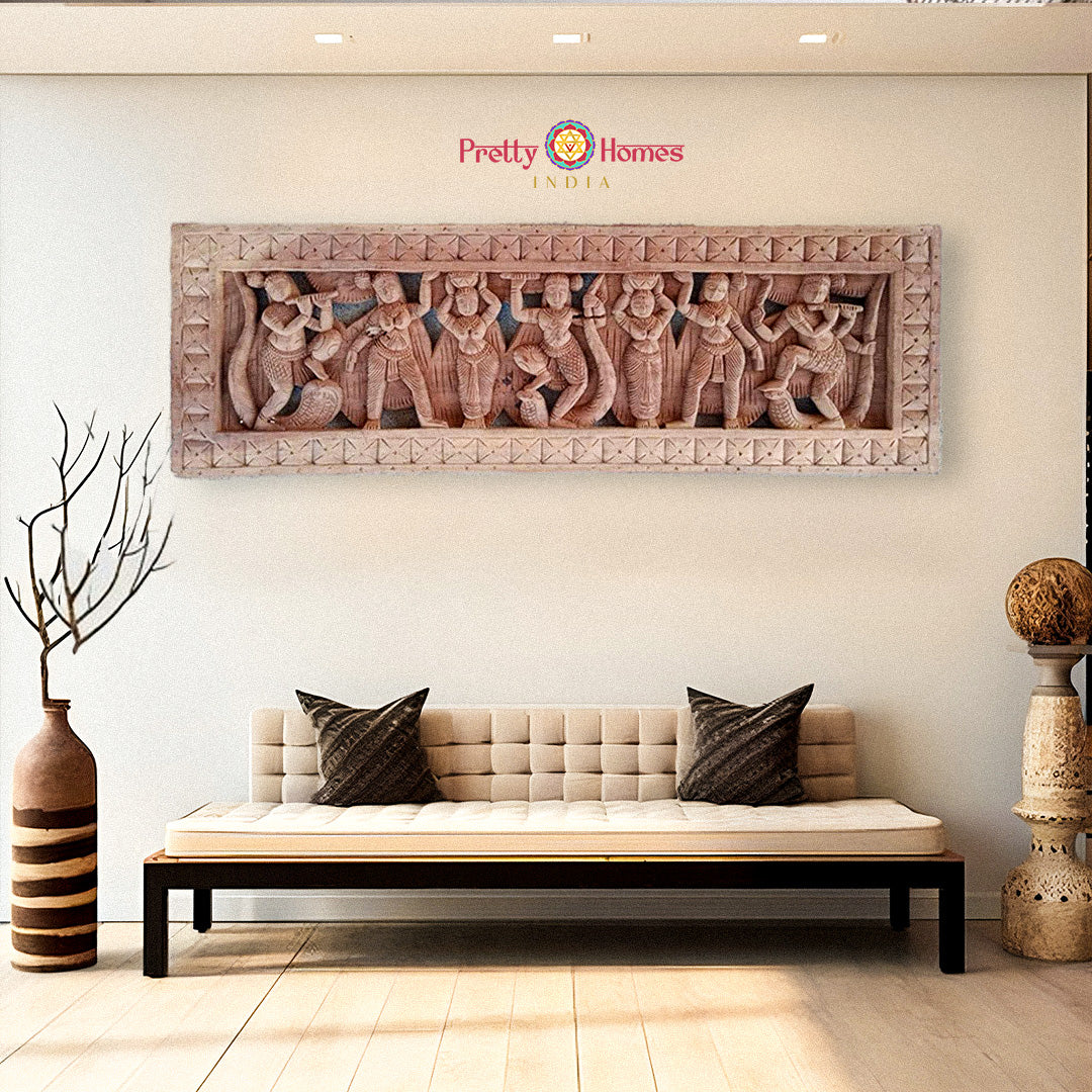 Antique handcarved panel featuring Hindu deities – traditional Indian temple wall art for home decor.