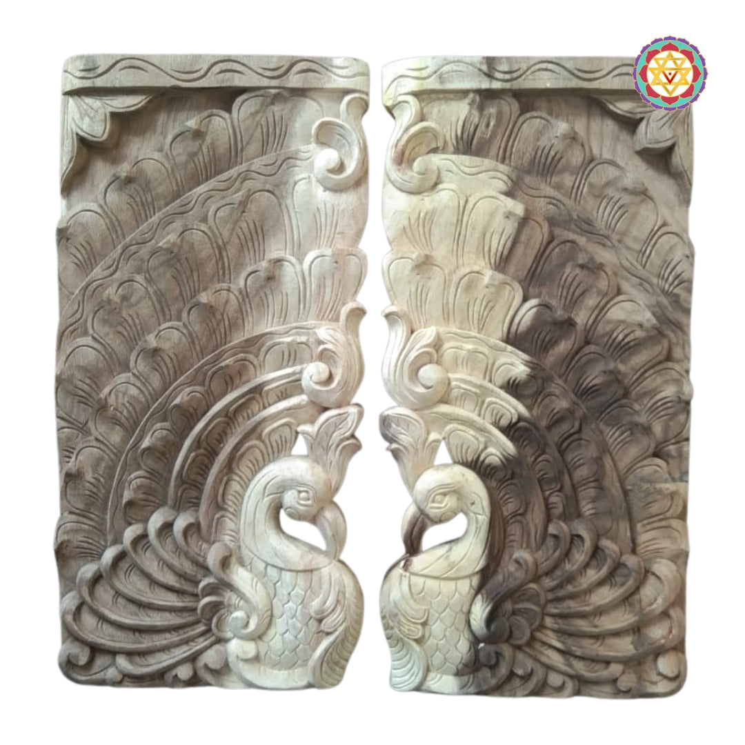 Hand-carved peacock wooden wall panel with feathers

