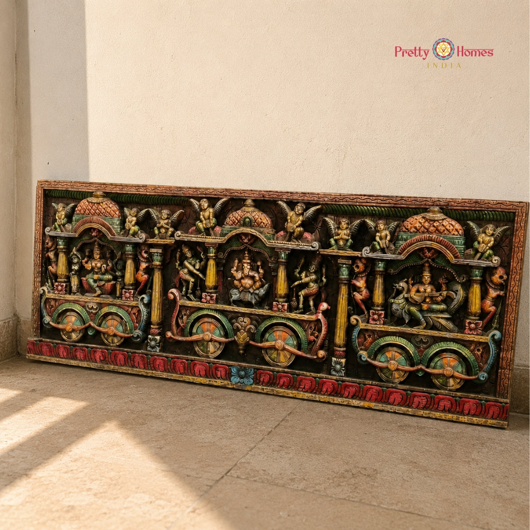 Wood-Carved Wall Panel – Ganesh, Lakshmi & Saraswati on Chariot