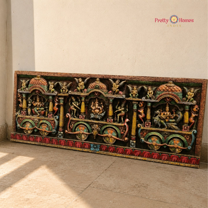 Wood-Carved Wall Panel – Ganesh, Lakshmi & Saraswati on Chariot