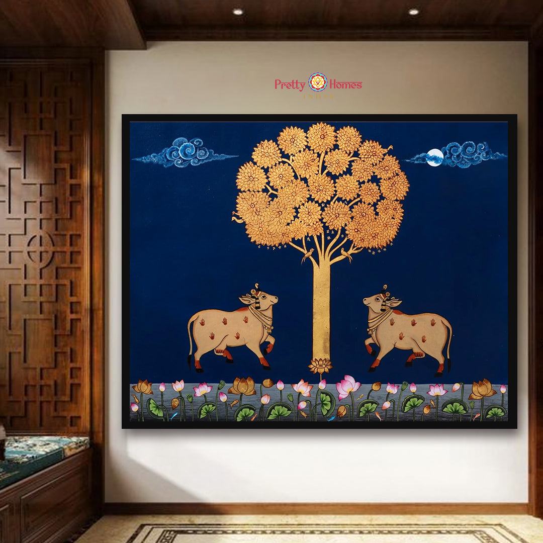 angled shot highlighting golden foliage and cow expressions