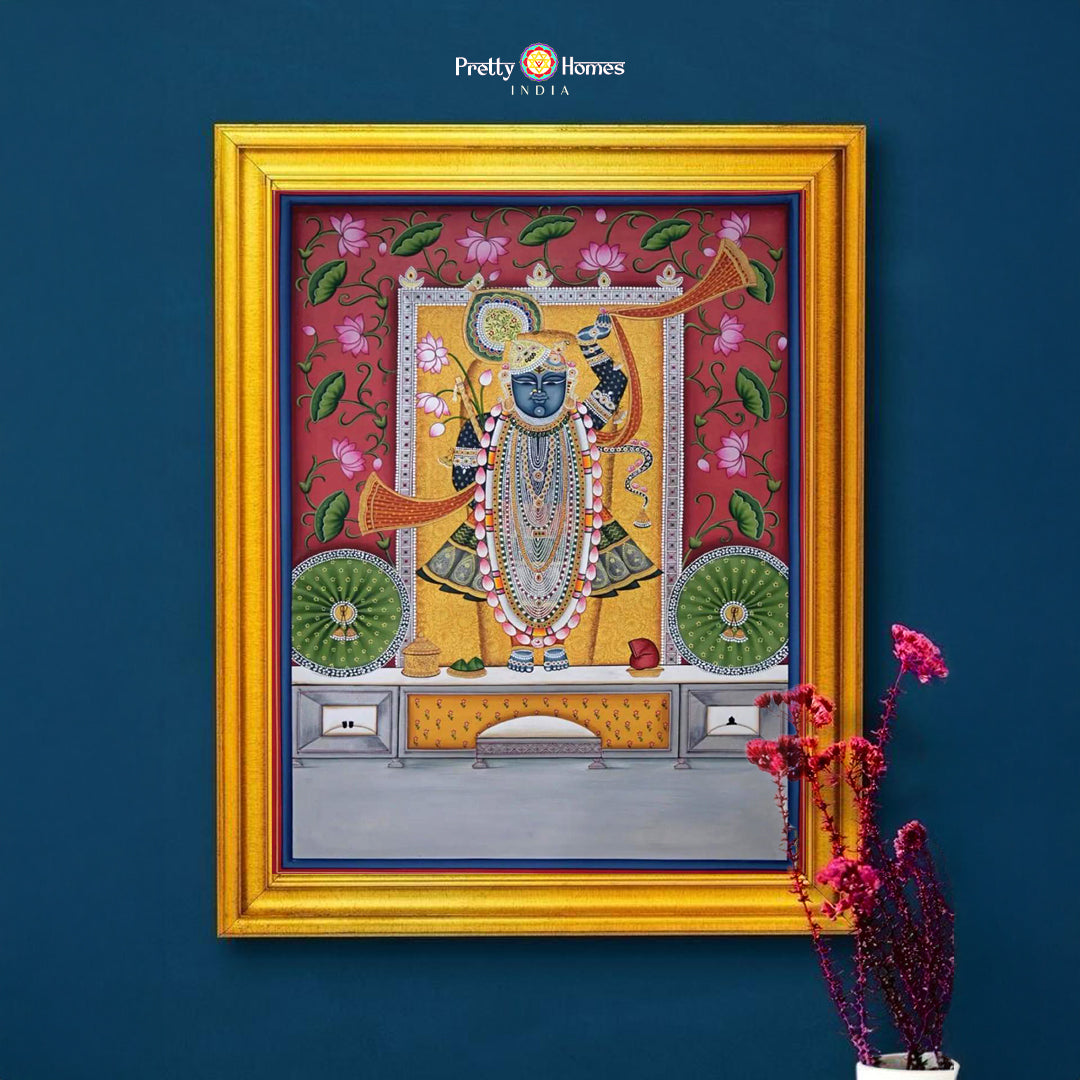 Framed Shreenathji Darshan Pichwai painting with pink lotus background. Ideal for Pichwai wall art or pooja room.