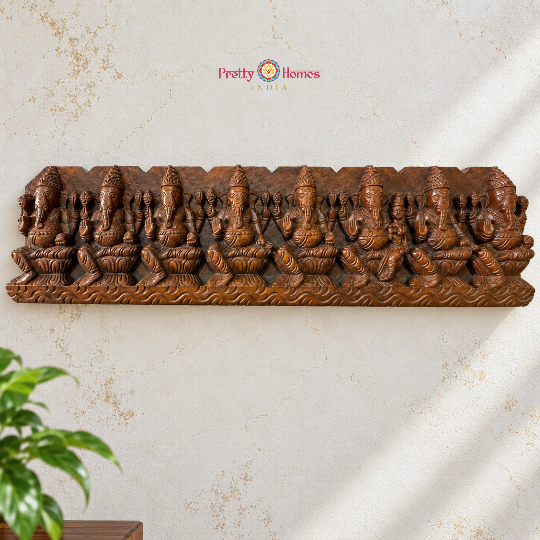 Intricately Carved Horizontal Ashta Ganesha Panel
