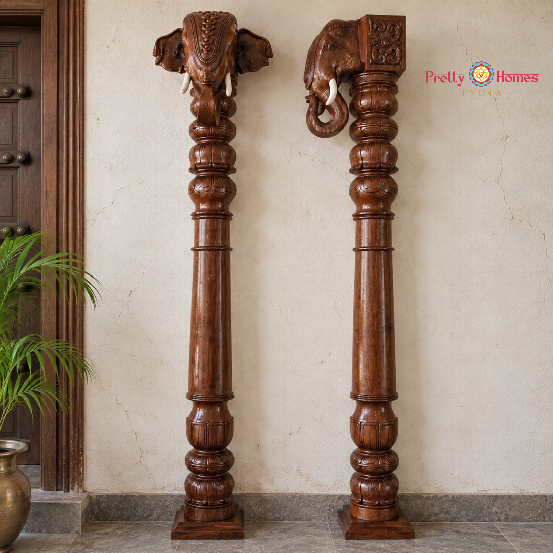 Hand-Carved Chettinad-Style Elephant Pillars – Pair