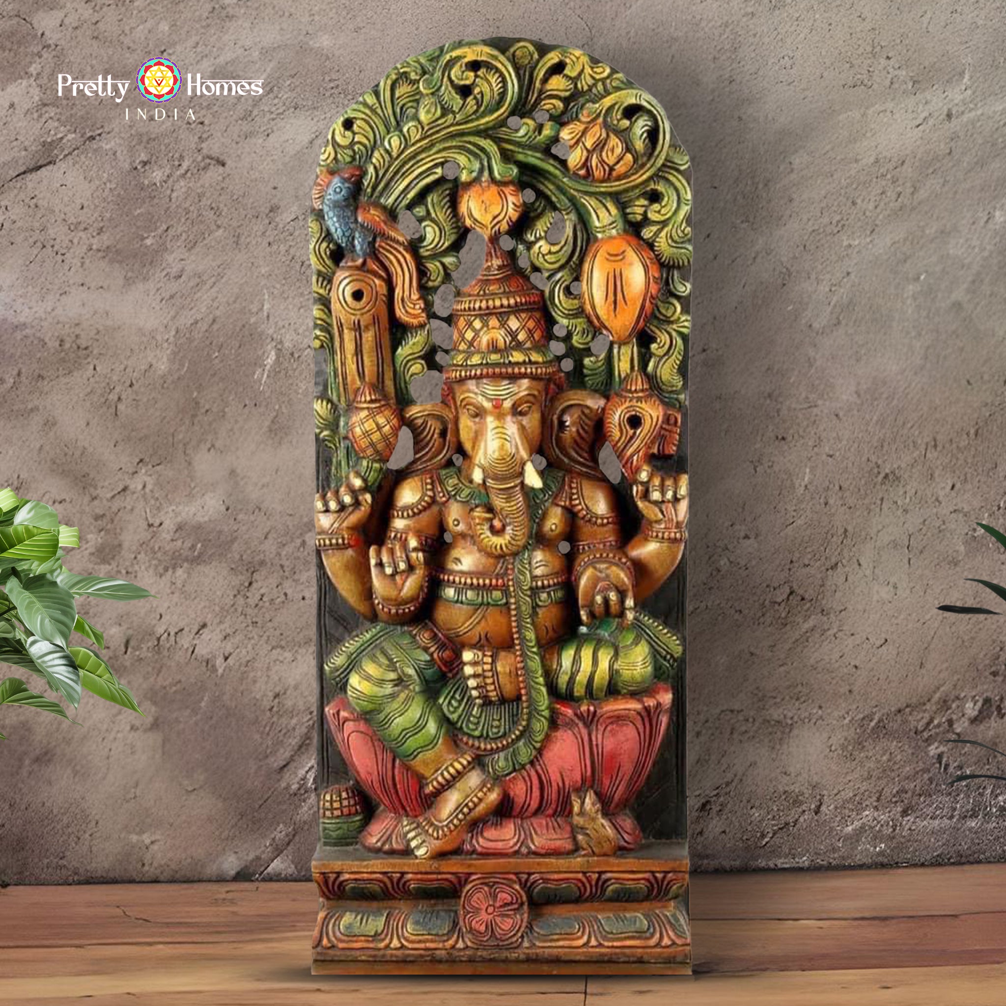 Hand-carved teak wood Lord Ganesha seated on lotus under canopy — antique gold polish, sacred temple sculpture decor