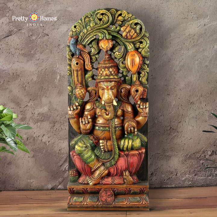 Woodcarved Canopy Lord Seated Lotus Ganesha Enshrining Prabhavali.