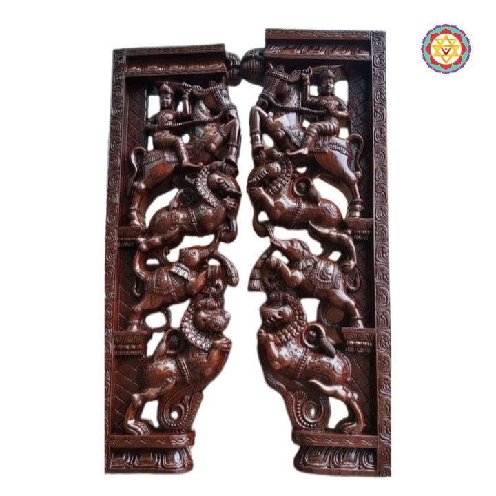 Close-up view of intricate yali elephant carving on horse warrior brackets