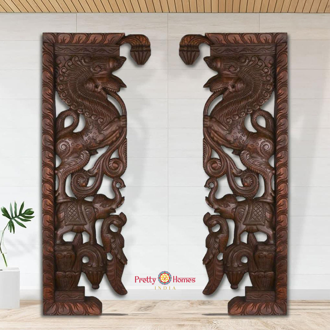 Entrance Decor Decorative Yaazhi With Elephants Wooden Wall Brackets (Single)