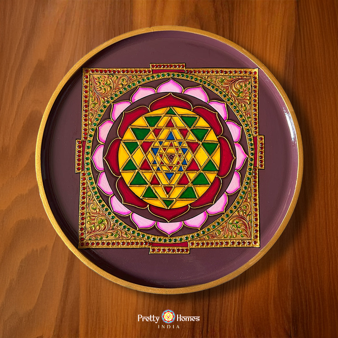 embossed shree yantra wooden wall plate with fine carving