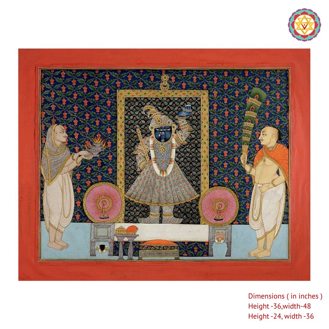 Close view of Shrinathji traditional pichwai featuring floral elements