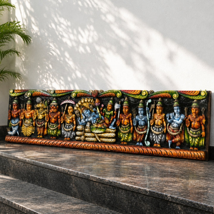 Dasavatar Horizontal Panel with Resting Vishnu Handcarved in Vagai