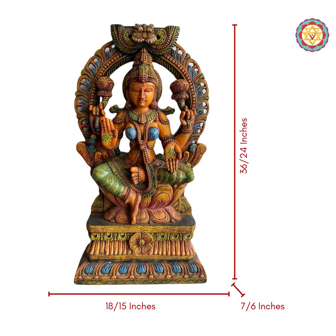 Hand-Carved Goddess Lakshmi Statue – Abhaya Mudra with Mythical Yali