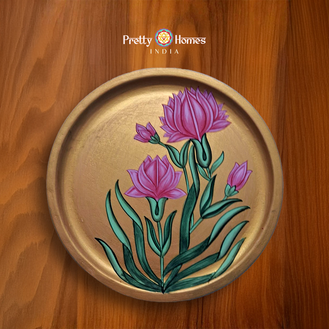 Hand-painted wall plate with pink carnation, pichwai design decor.