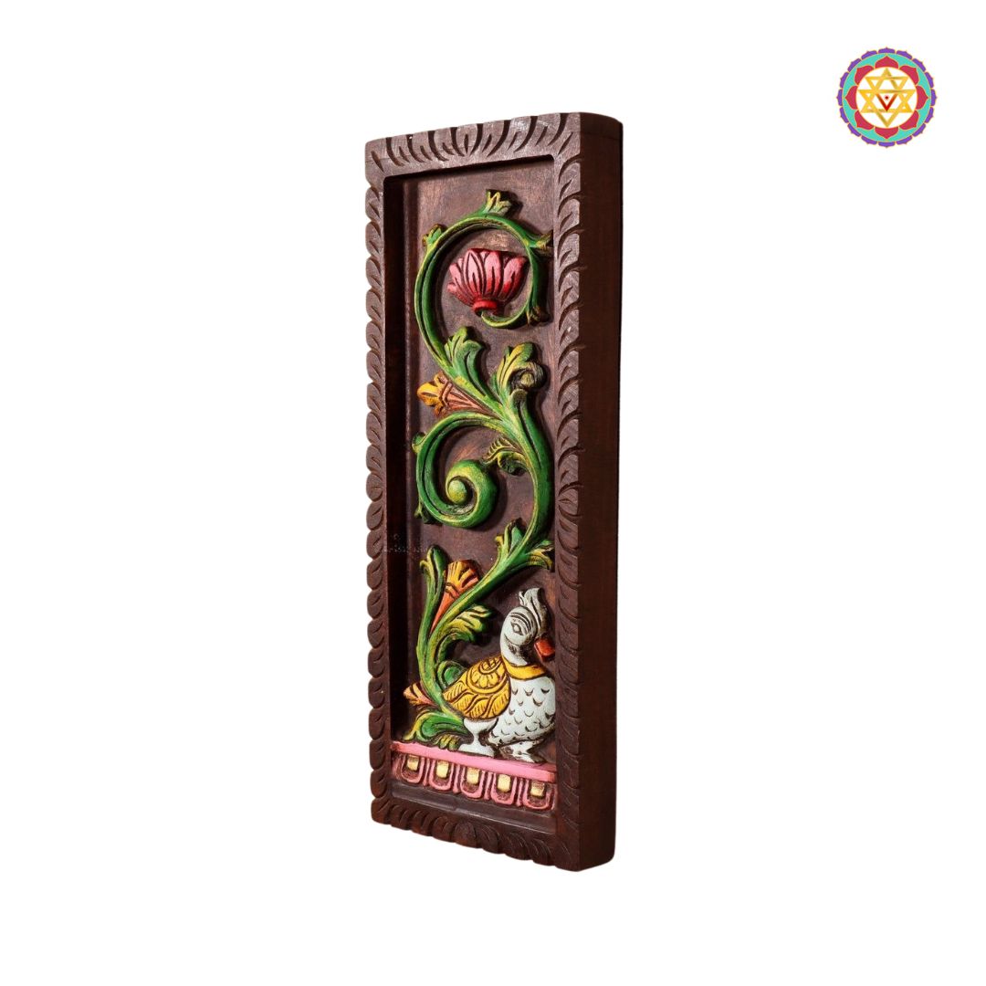 wood carved vertical annapakshi annam with lotus and vines detailed motif of annapakshi carving