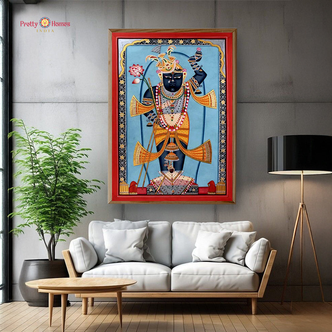Hand-painted Pichwai textile symbolizing spiritual connection between Krishna and nature