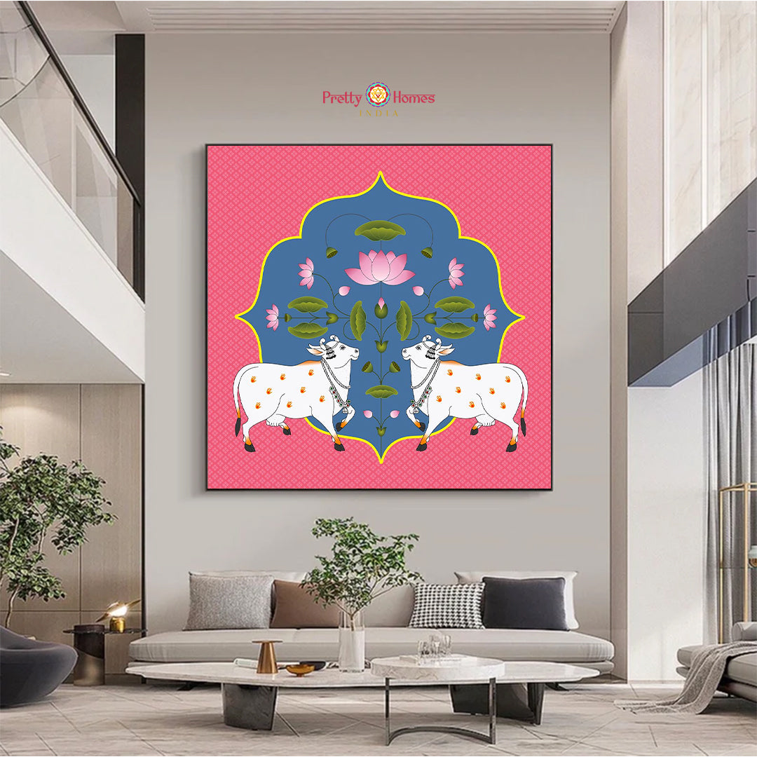 Hand-painted Pichwai of cows with lotuses — traditional Indian devotional artwork on cloth with vibrant colors