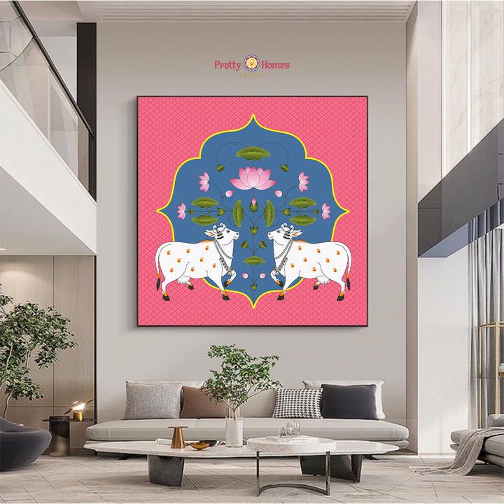 Hand-painted Pichwai of cows with lotuses — traditional Indian devotional artwork on cloth with vibrant colors