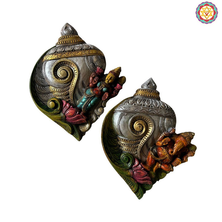woodcarved conch/shankh wall frames with Ganesha and Laxmi on lotus -set of 2