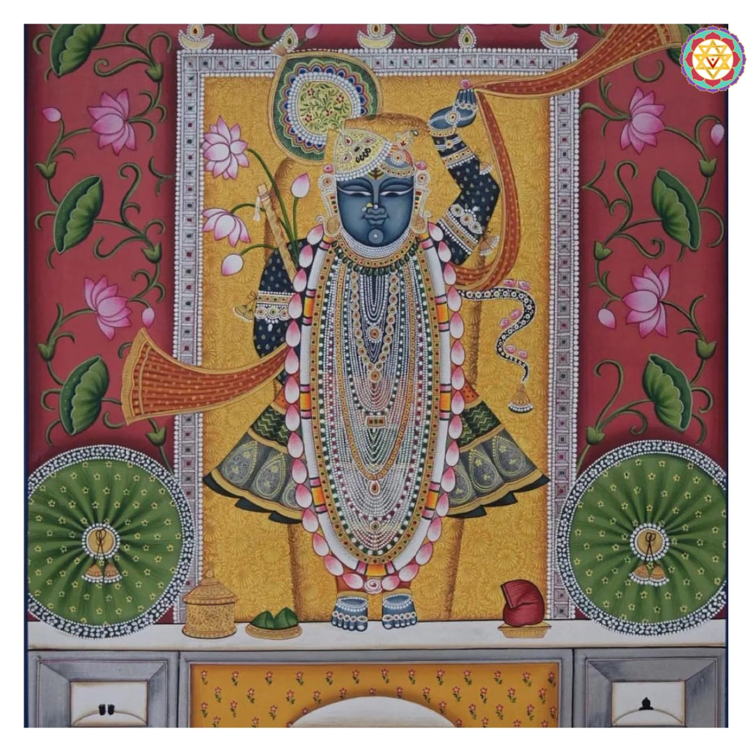 Hand-painted Shreenathji Darshan in temple setting with lotus-filled backdrop in traditional Pichwai style.