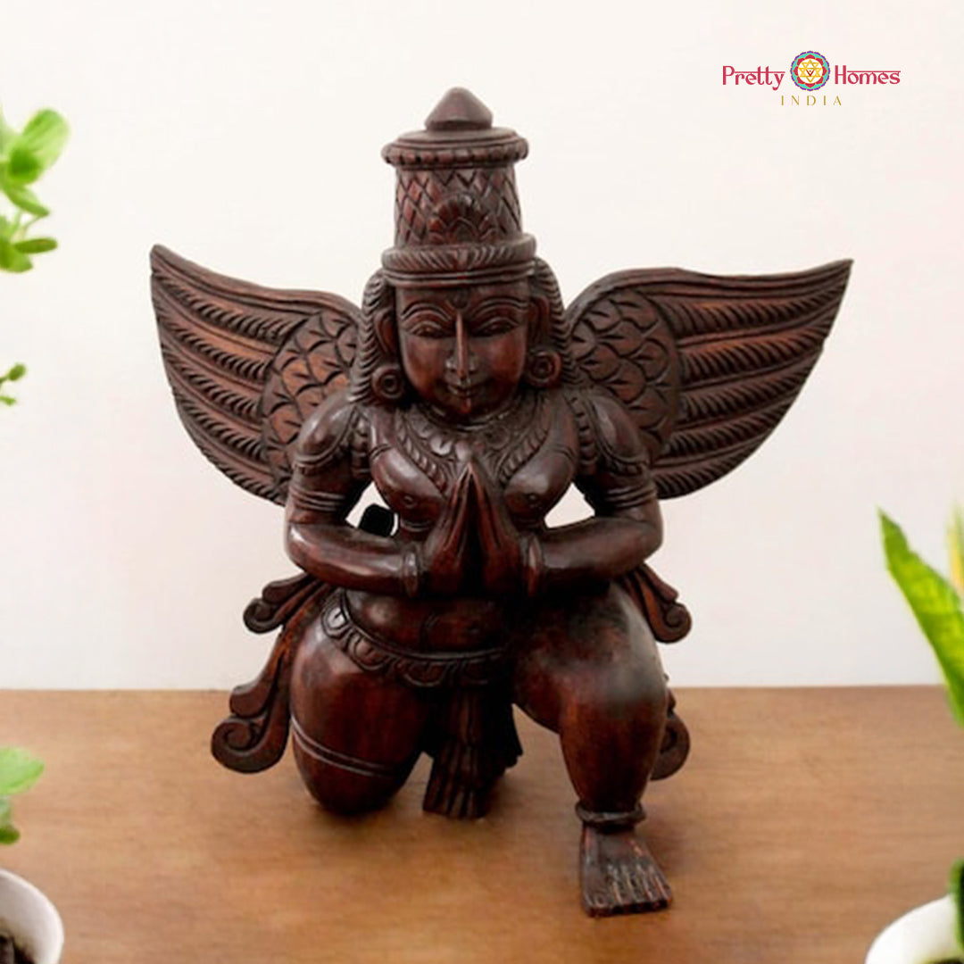 aesthetic tabletop garuda statue full front view carved in wood