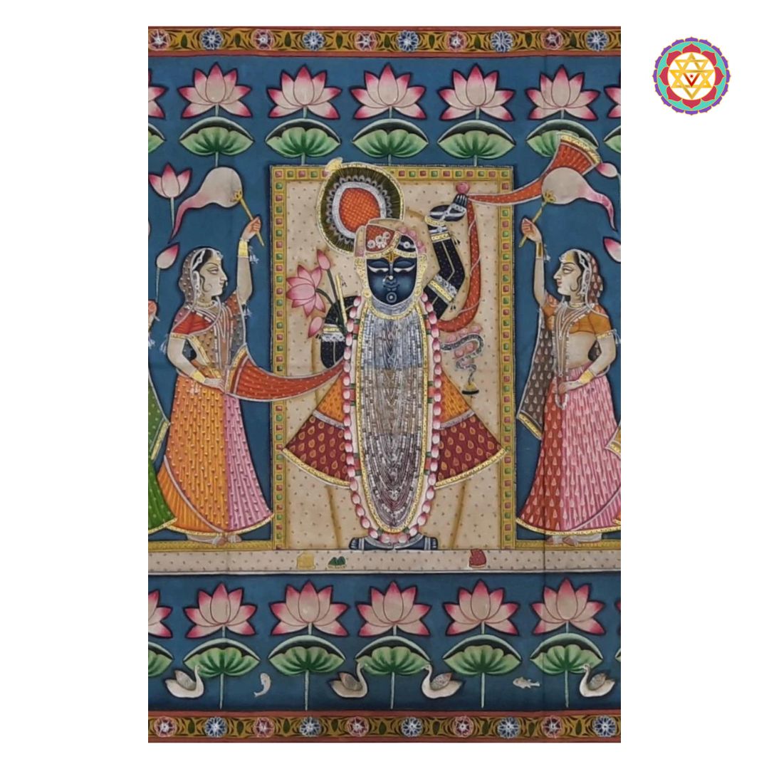 Pichwai painting of Sharad Poornima, focusing on Gopis with decorative lotus flowers.