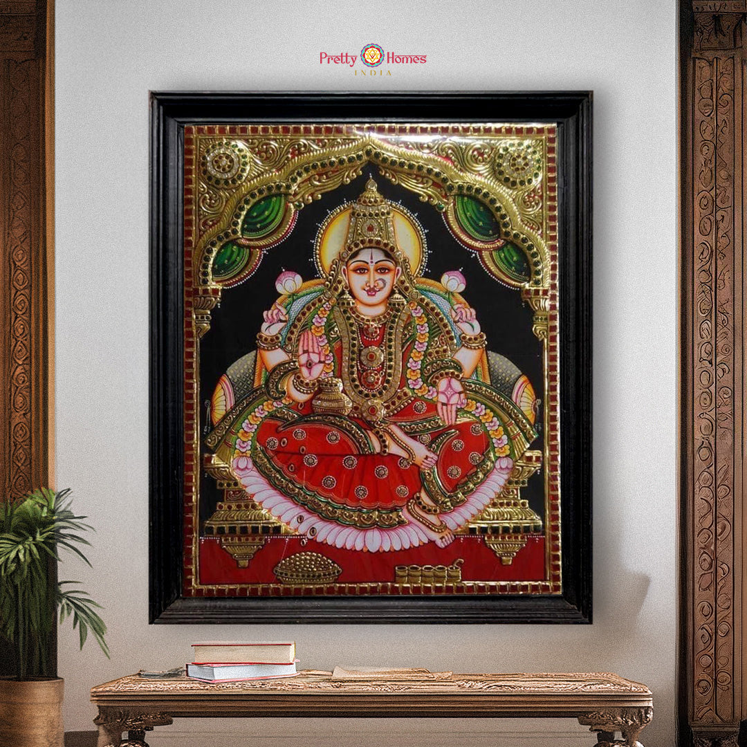 South Indian style Goddess Lakshmi Tanjore painting with real 22K gold foil