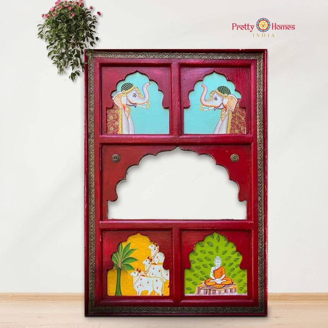 Hand-painted wooden jharokha frame with intricate brass work — traditional Indian wall decor for living room or pooja space