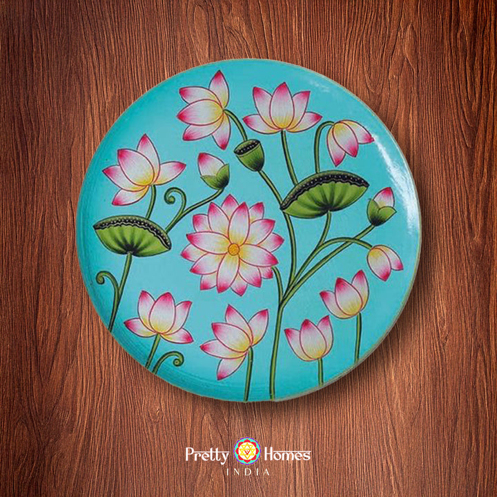 Hand painted wall plate with lotus flowers and leaves, pichwai design