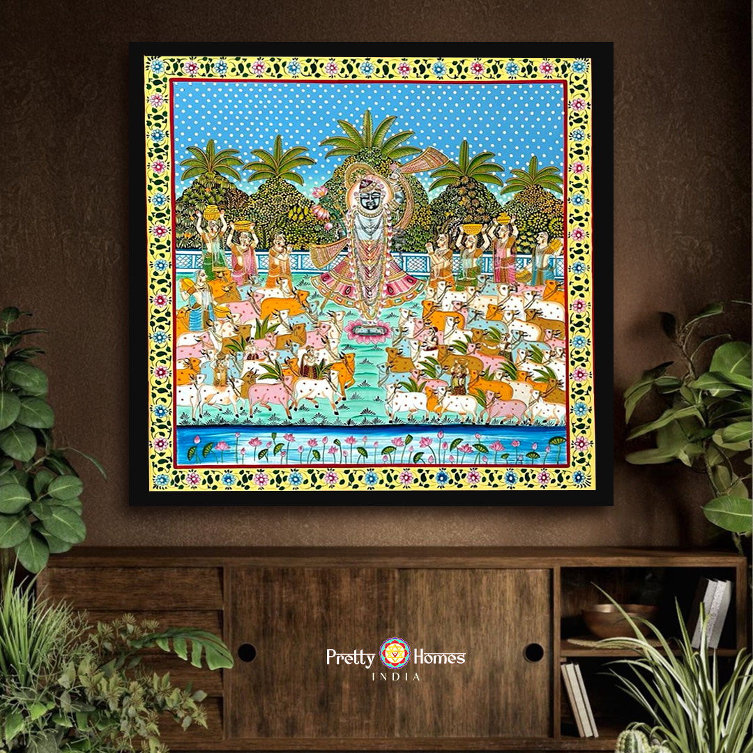 Vintage Pichwai of Shrinathji with gopikas and cows full view