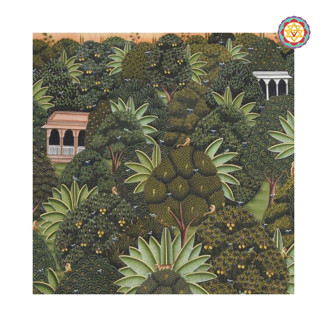 Hand-painted pichwai of lush Van Vihar jungle scene with trees, pavilions, and lotuses.