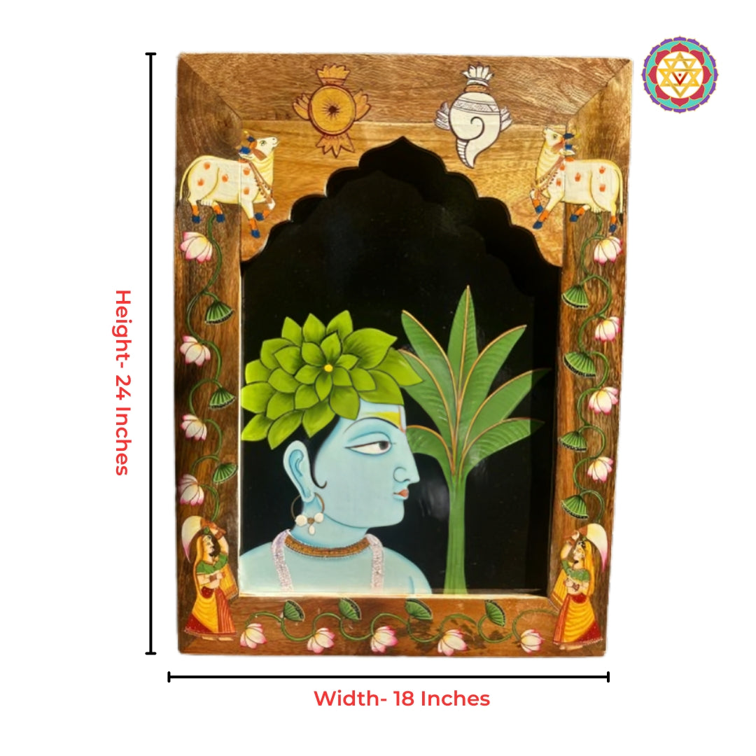Hand painted Radha miniature artwork in rectangular wall frame ready to hang for pooja room decor