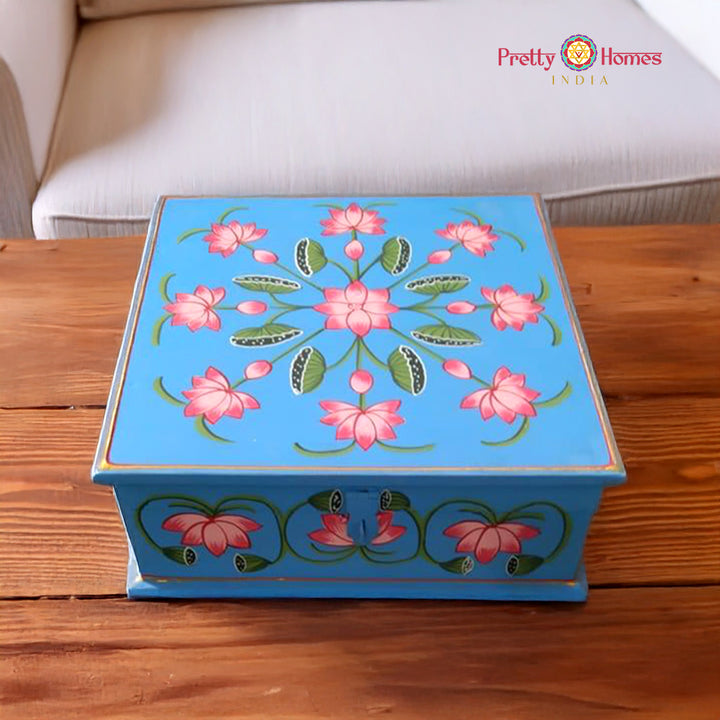 Medium Mulpurpose Pichwai Painted Storage Boxes. Blue