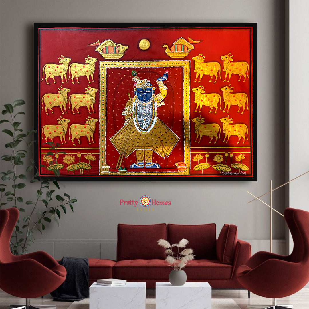 Horizontal red handpainted Pichwai artwork of Shrinathji with cows and blooming lotuses wall decor