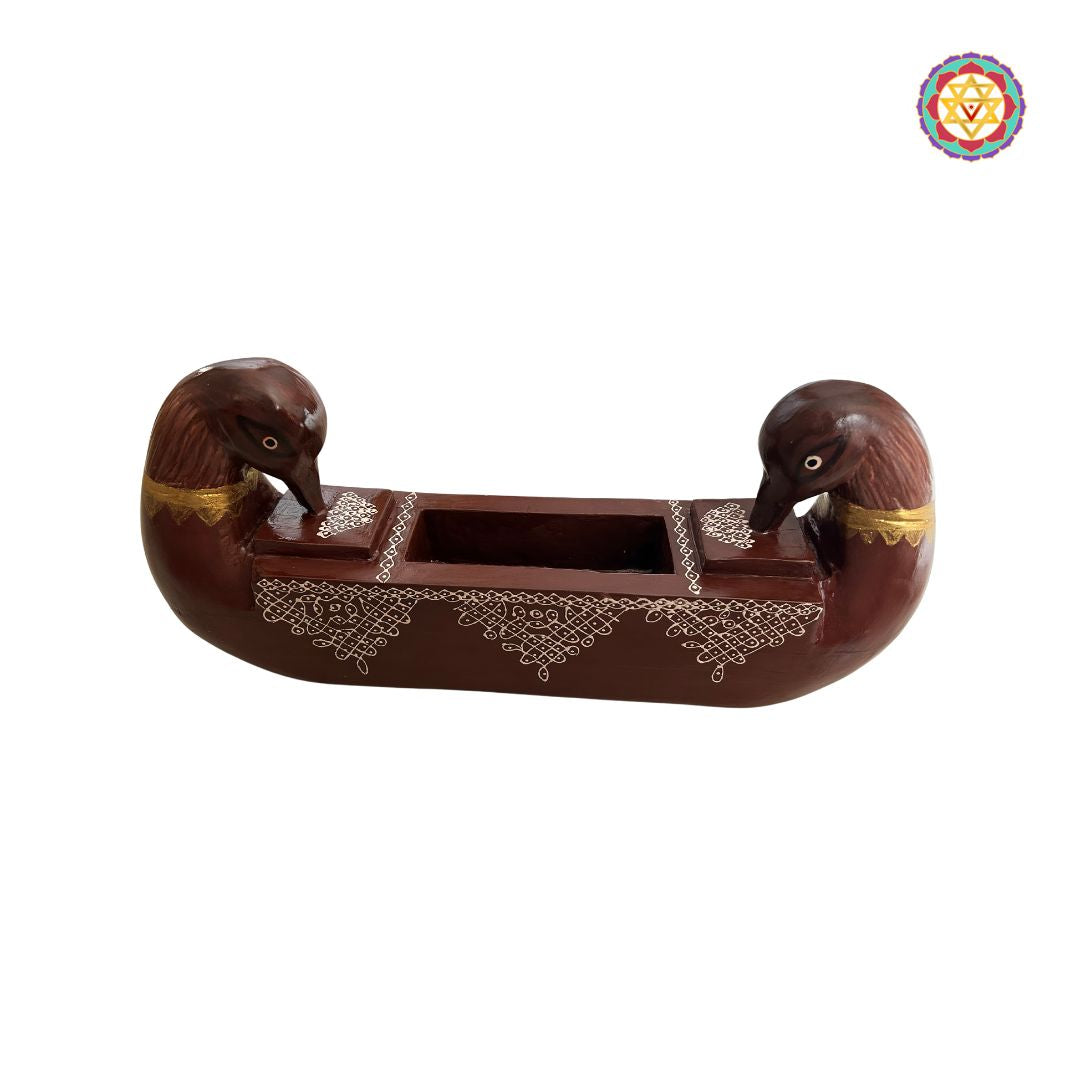 handcrafted swan and lotus carved wall shelf with painted detailing