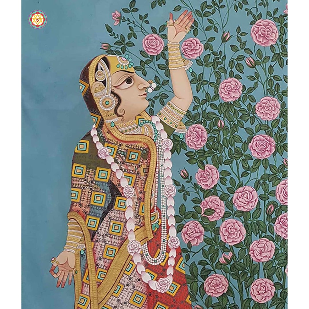 Close-up of Gopikas Pichwai art — intricate brushwork, handcrafted painting symbolizing divine devotion