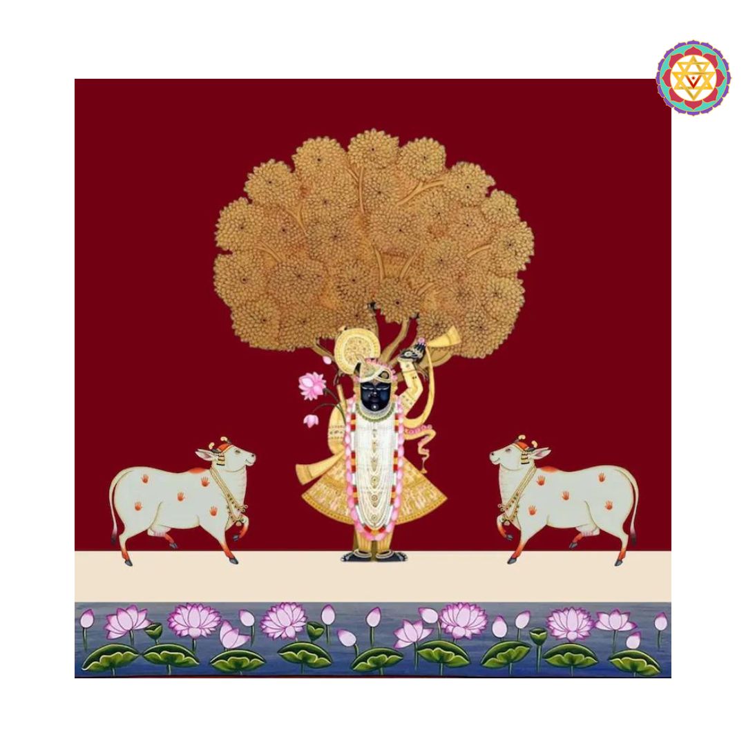 detailed pichwai art of shreenathji and cows below sacred tree