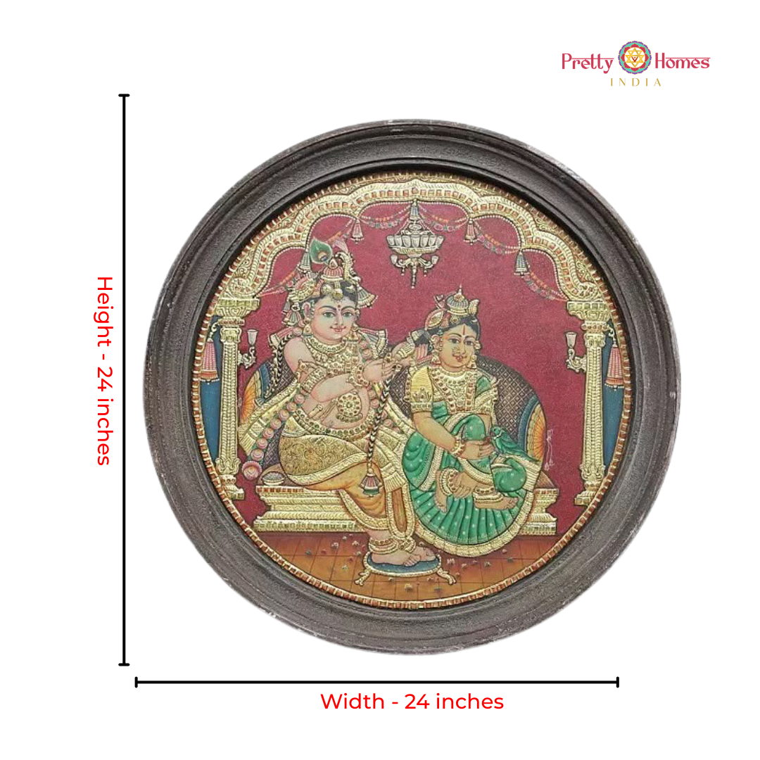 Round Vintage Finish Lord Krishna with Radha Tanjore