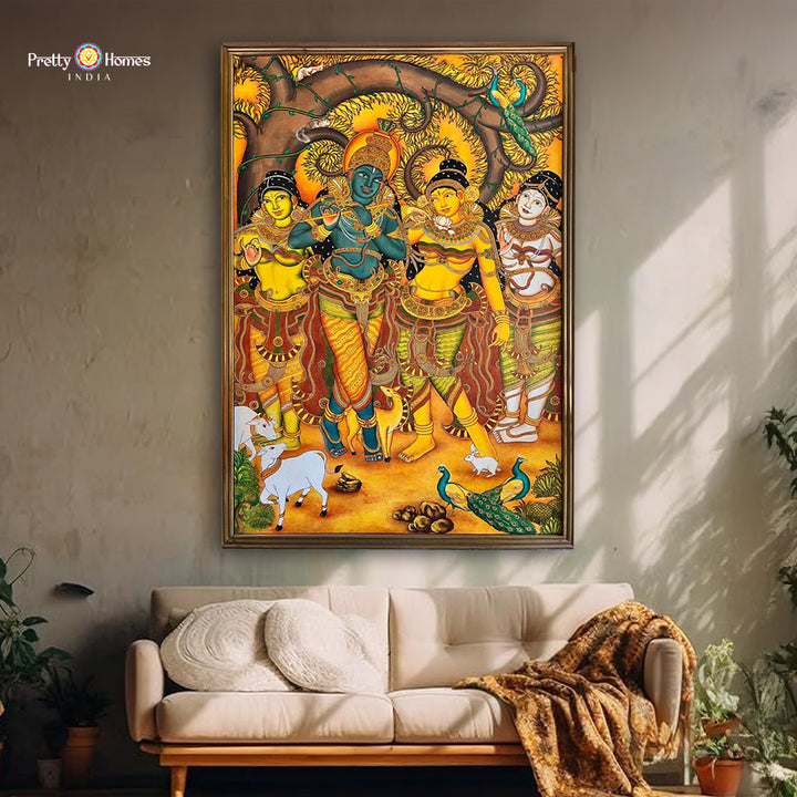 Kerala Mural Style Radha Krishna with Gopikas and Cows Painting – A Celebration of Divine Love
