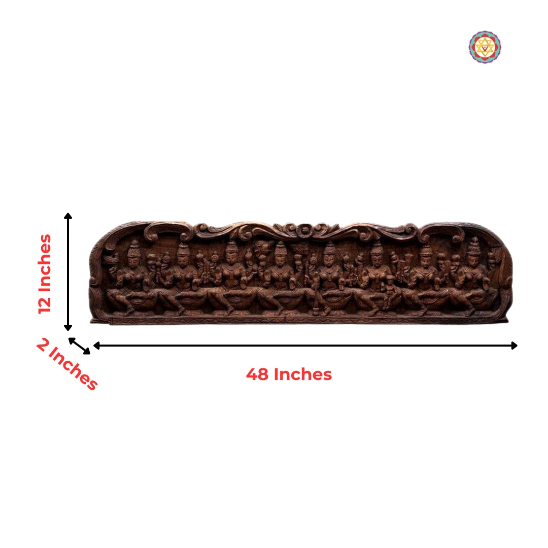 Wooden Ashtalaxmi sculpture — temple-style handcarved wall decor.