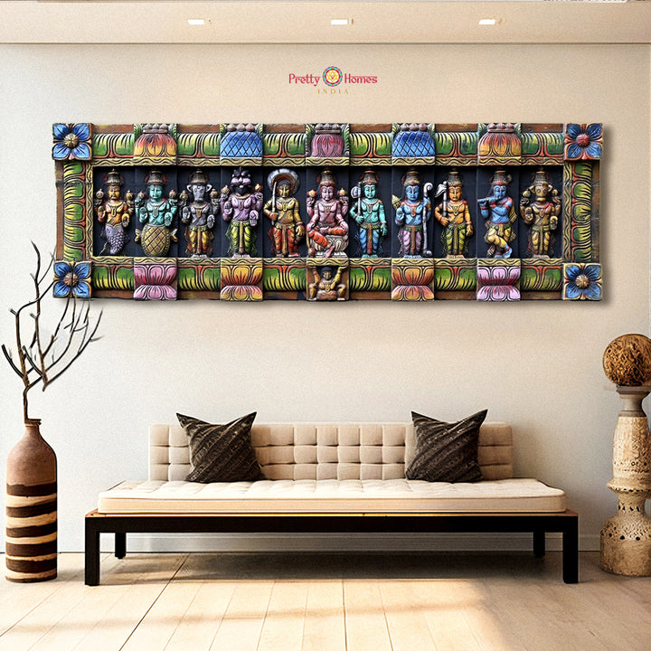 Horizontal Dashavatara wall panel with ten carved Vishnu avatars