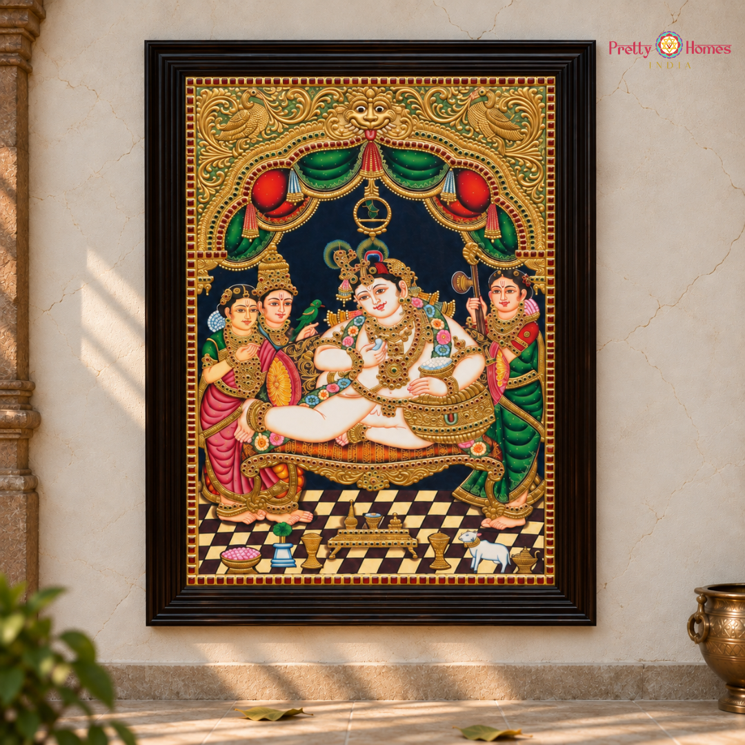 Butter Krishna with Gopis – Real Gold Tanjore