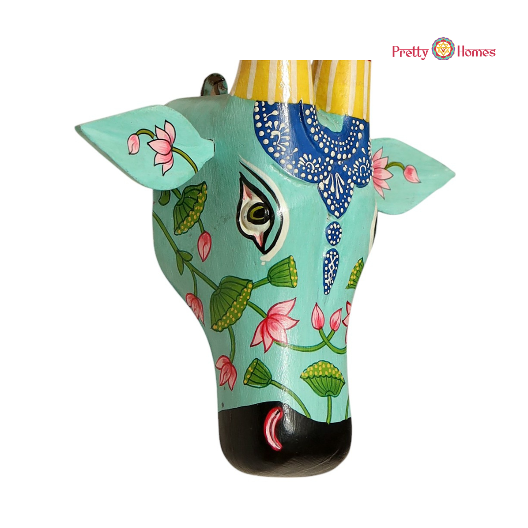 Blue & Red Hand-Painted Cow Head with Lotuses