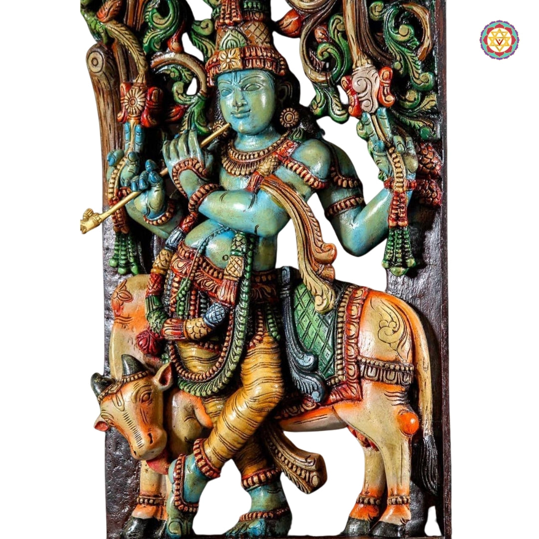 Handcarved Wooden Gopal Krishna Panel Canopy  Sculpture with Playful Cow and Two Gopis.