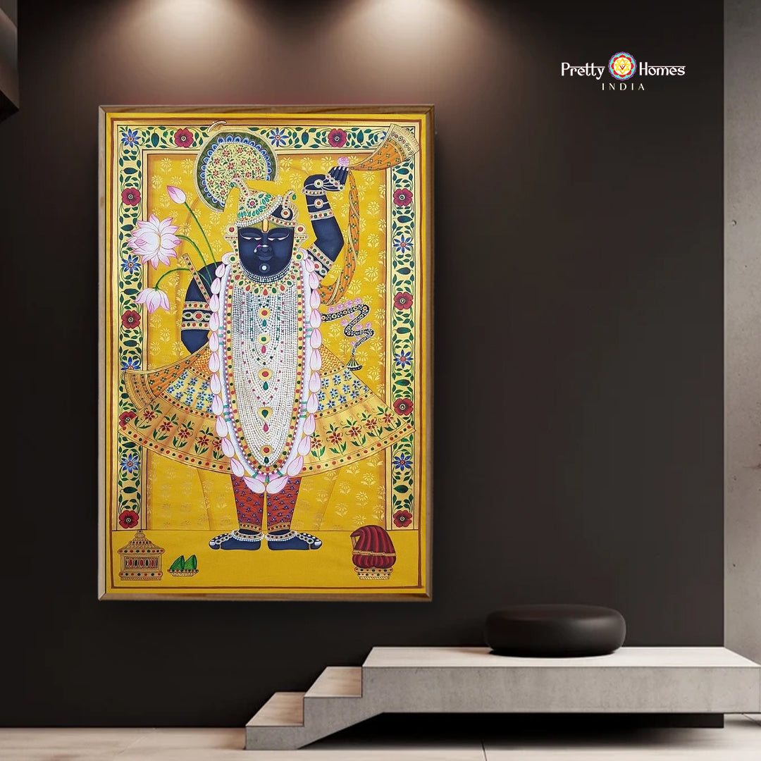 Handpainted Pichwai Shreenathji Darshan — front view of richly pigmented devotional cloth painting.