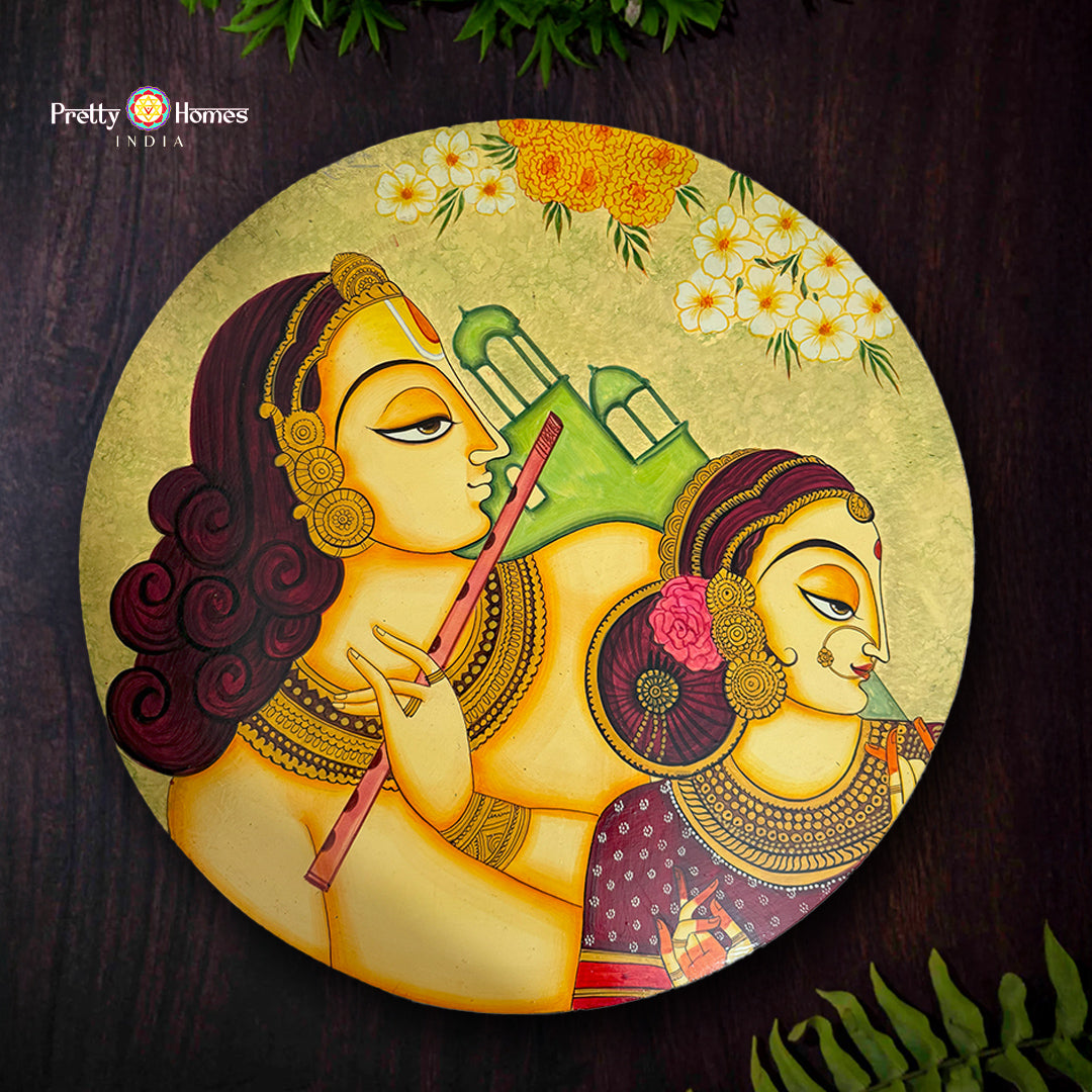 close-up of radha krishna wall accent showing expressive handpainted details