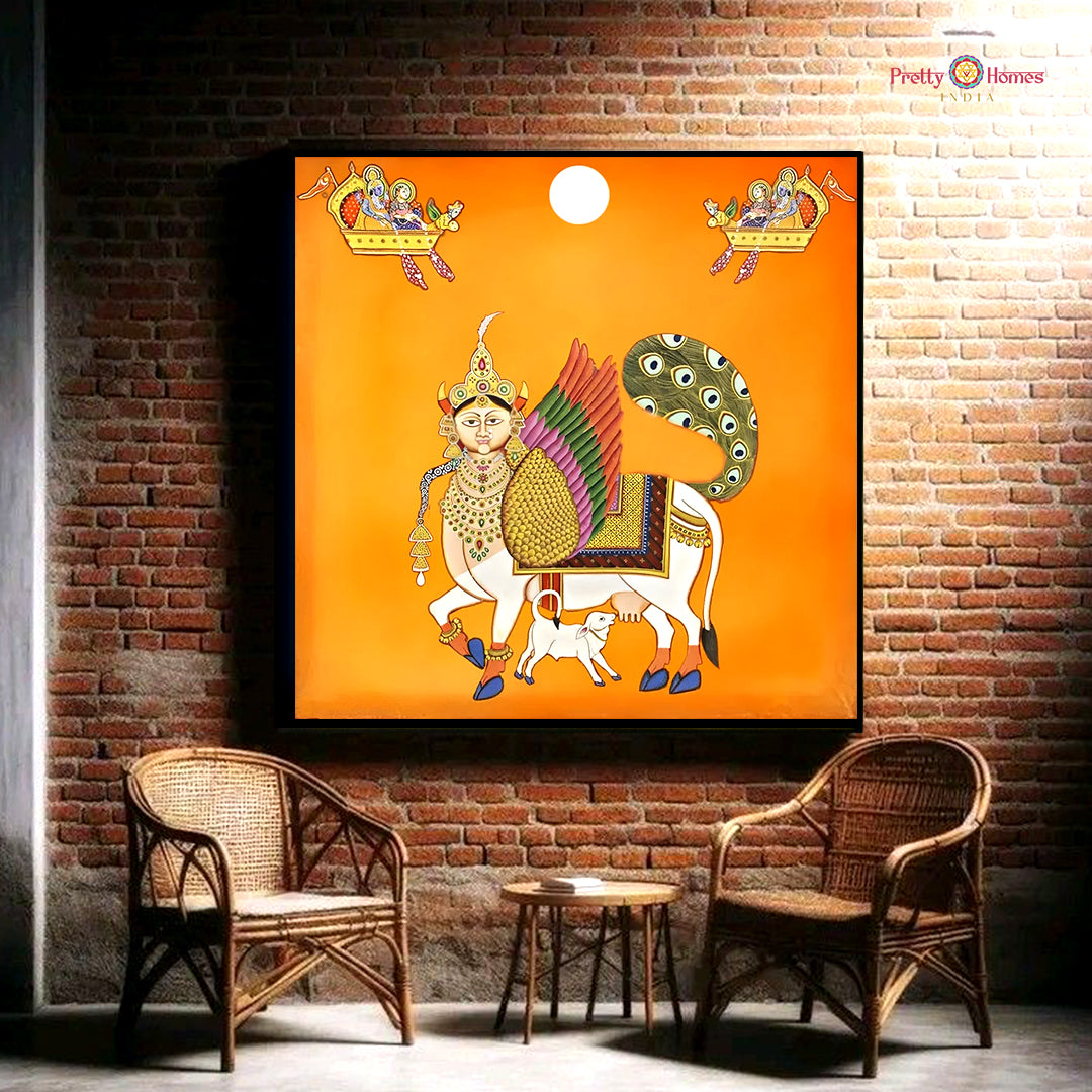 Hand-painted Pichwai panel depicting Krishna’s childhood adventures in a pastoral Indian backdrop