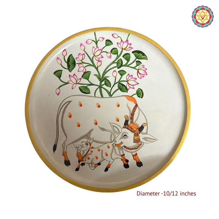 Pichwai -handpainted wall plate off white-cow &amp; calf with lotus