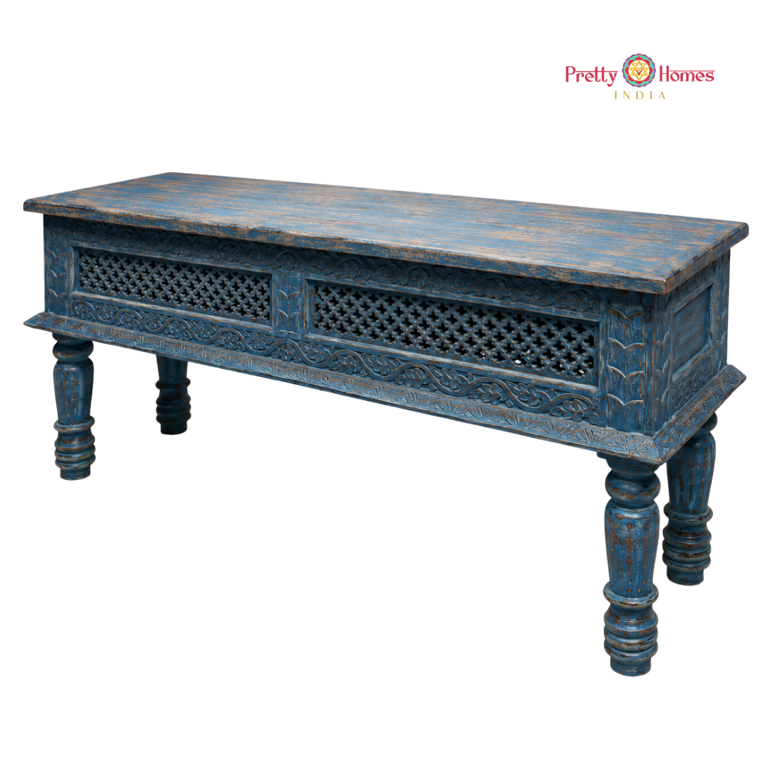Wood-Carved Console Table with Storage