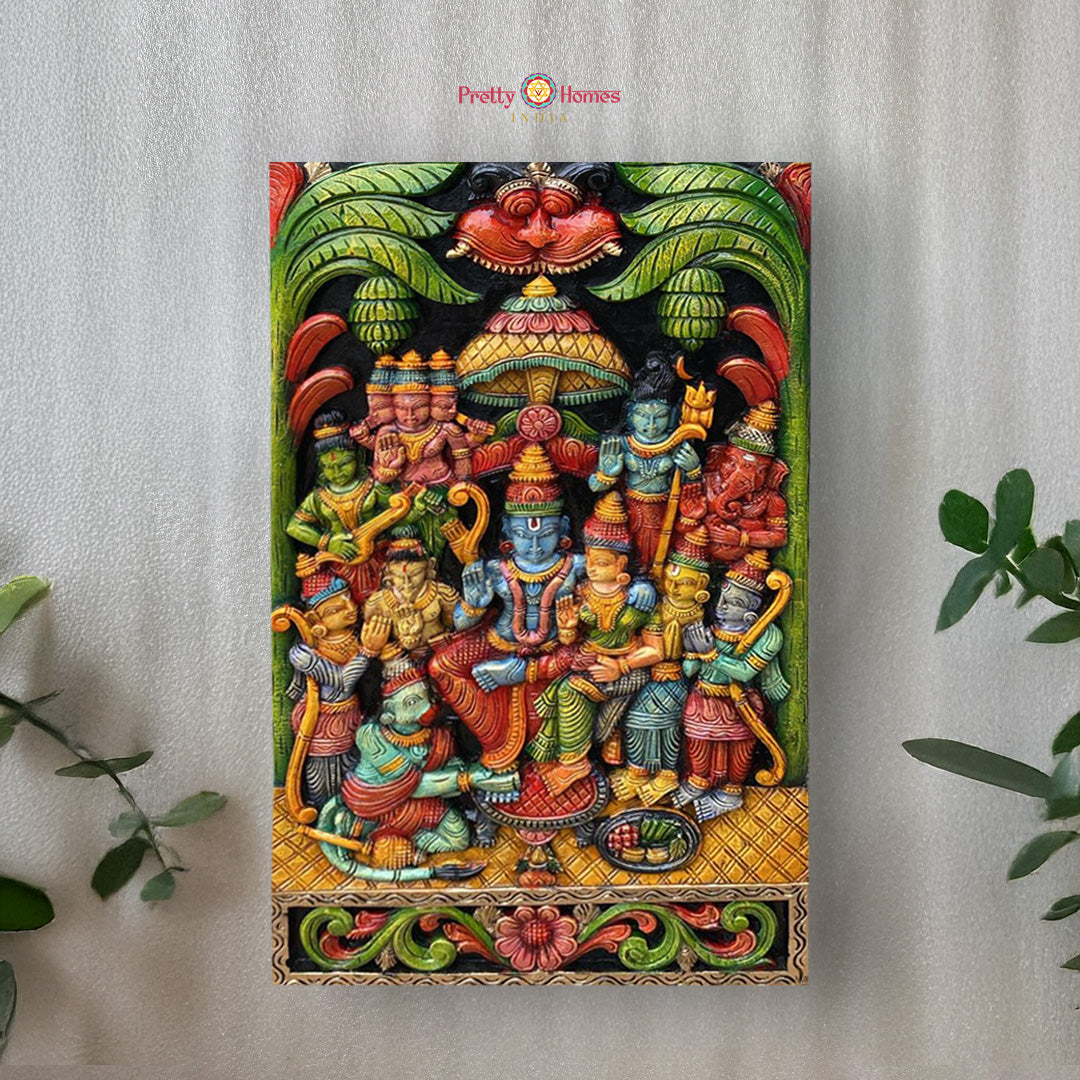 Ram Darbar — Handcrafted Wooden Panel for Sacred & Heritage Interiors (Vertical)